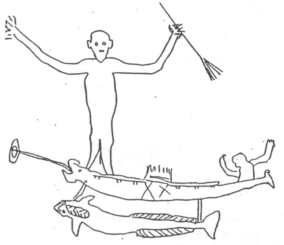 A sketch of the Tagai and Kareg in their canoe.
