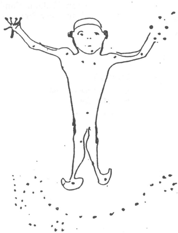 A sketch of the Tagai constellation of a person with outstretched arms and small circles scattered to the bottom of the image.