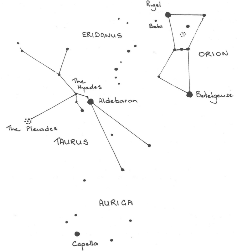 Drawing of the Orion and Taurus constellation. With dots marking the stars, lines joining them together and names marking out the constellation.