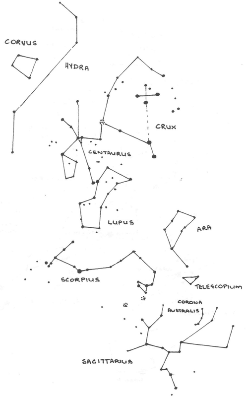 Drawing of the constellations above Tagai, marked out with small dots, lines and names.