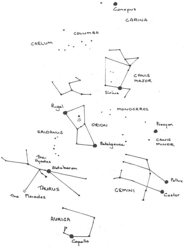 Drawings of the western constellations of the Seven Sister's stories, marked with dots, lines and names.