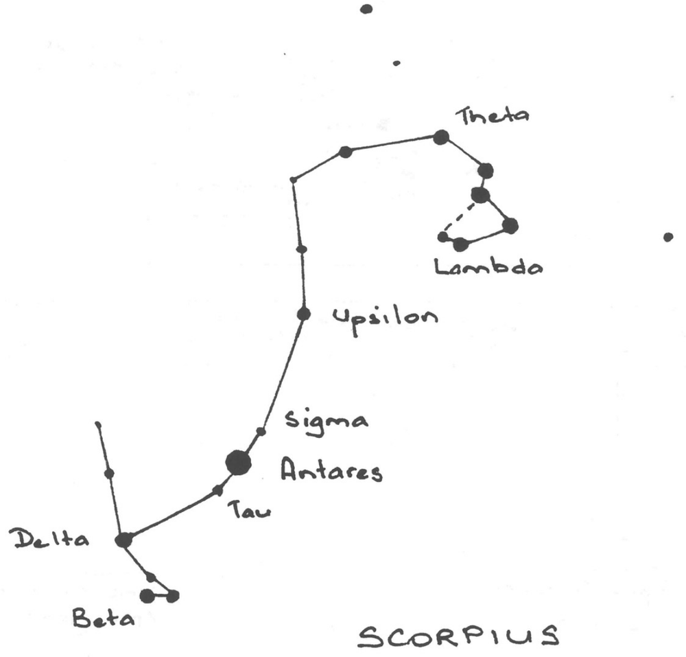Drawings of the Scorpius constellation, marked with dots, lines and names.