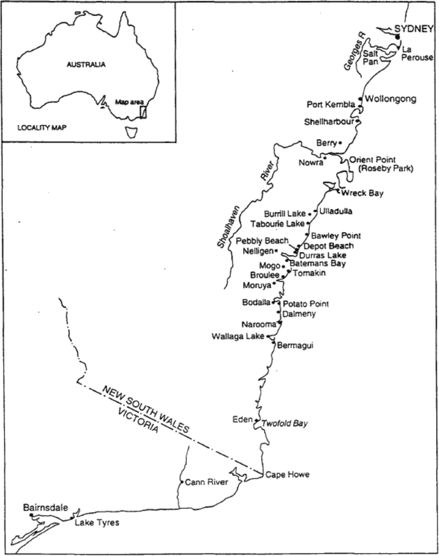 A map of the south coast of NSW with Sydney at the top and the border of NSW and Victoria towards the bottom. There is an inset map of Australia, with the larger map area highlighted..