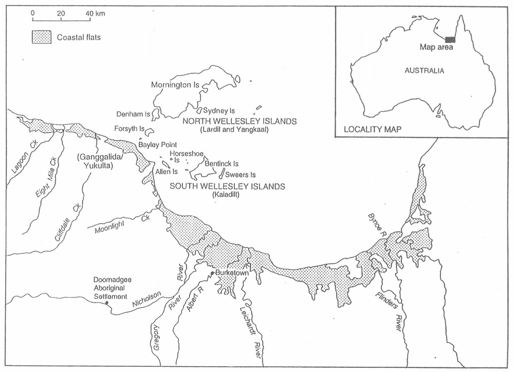 A map of the southern Gulf of Carpentaria. There is an inset map of Australia with the larger map area highlighted.