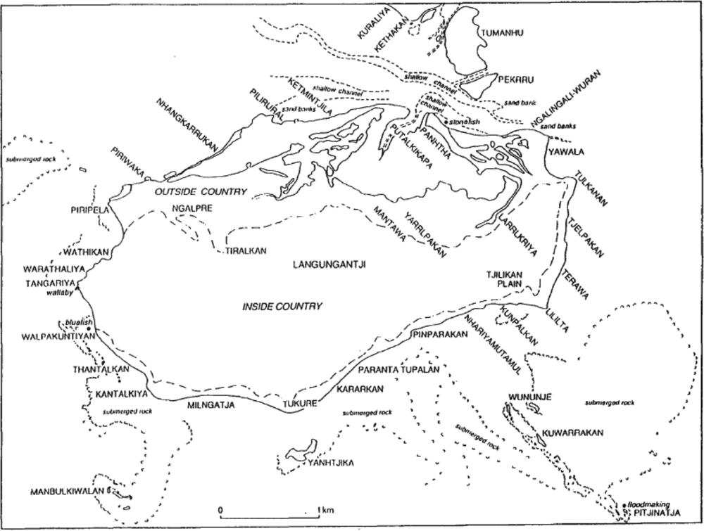 A map of Lardil geography of Langungatji, Sunday Island.