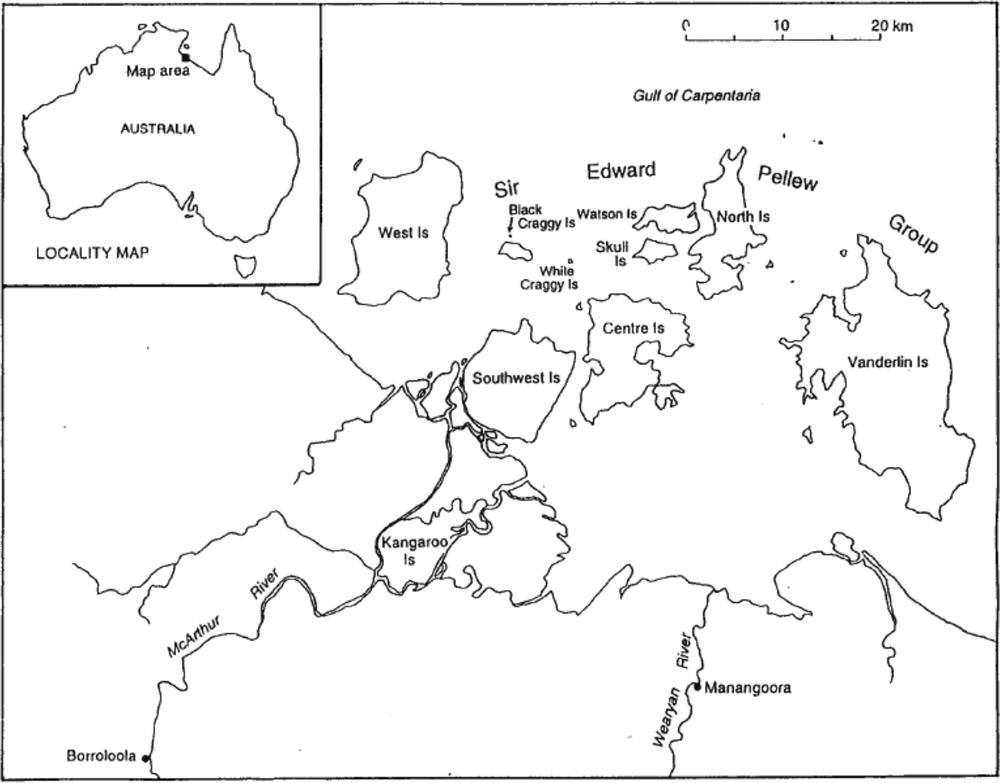 A map of the southwestern Gulf of Carpantaria. There is an inset map of Australia with the larger map area highlighted.