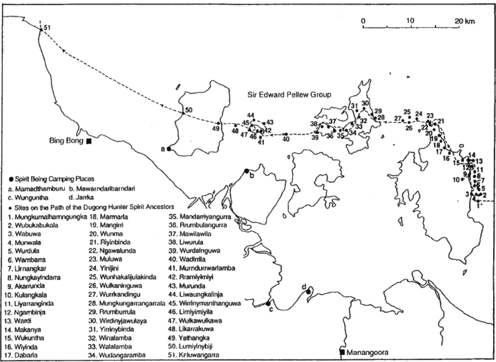 A map of paths and camps of the Dugong Hunter.