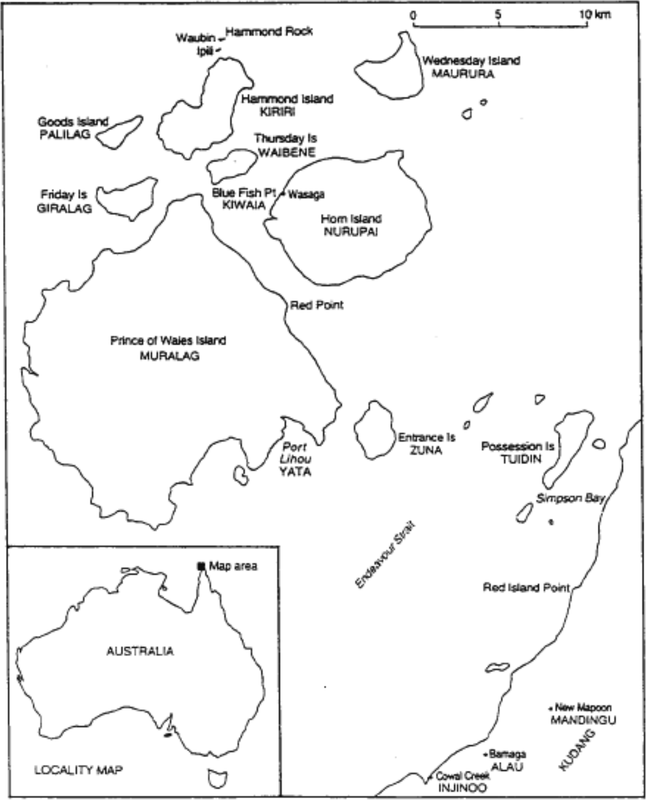 A map of Muralag and adjacent islands. There is a smaller map of Australia inset with the larger map area marked.