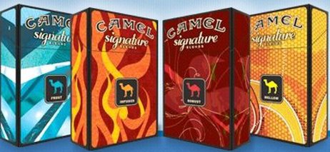 A poster of four Camel packages with various bright packaging.