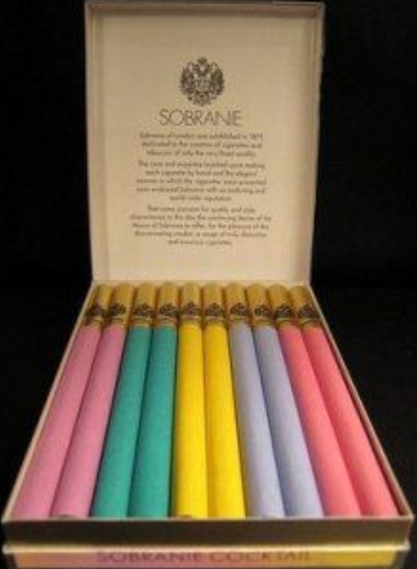 An image of an open case of Sobranie cigarettes. They are all pastel colours.