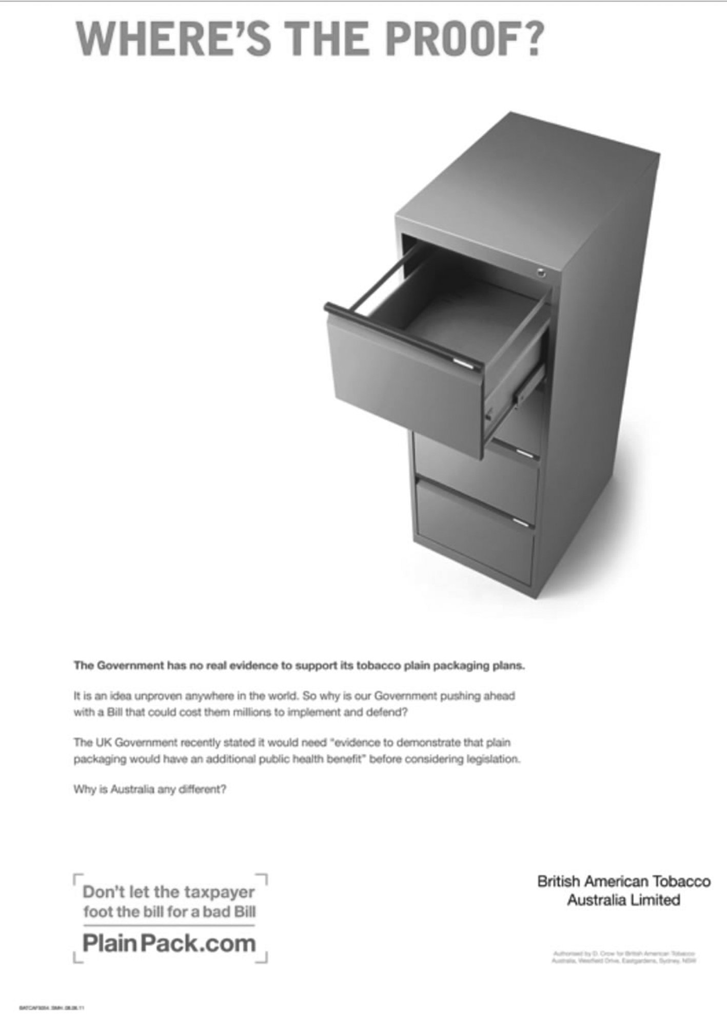 This image is of a BAT advertisment highlighting a lack of evidentiary support by using an image of an empty filing cabinet