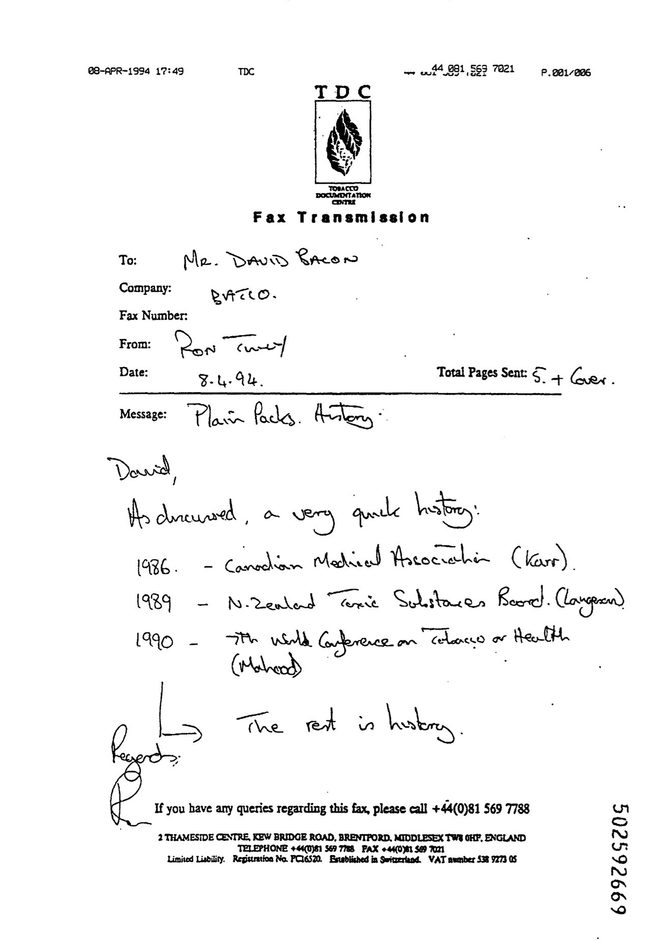 Figure 1.1 shows a BATCO summary of plain packaging developments in 1993, chronicling 3 dates where plain packaging was discussed by various health and medical boards.
