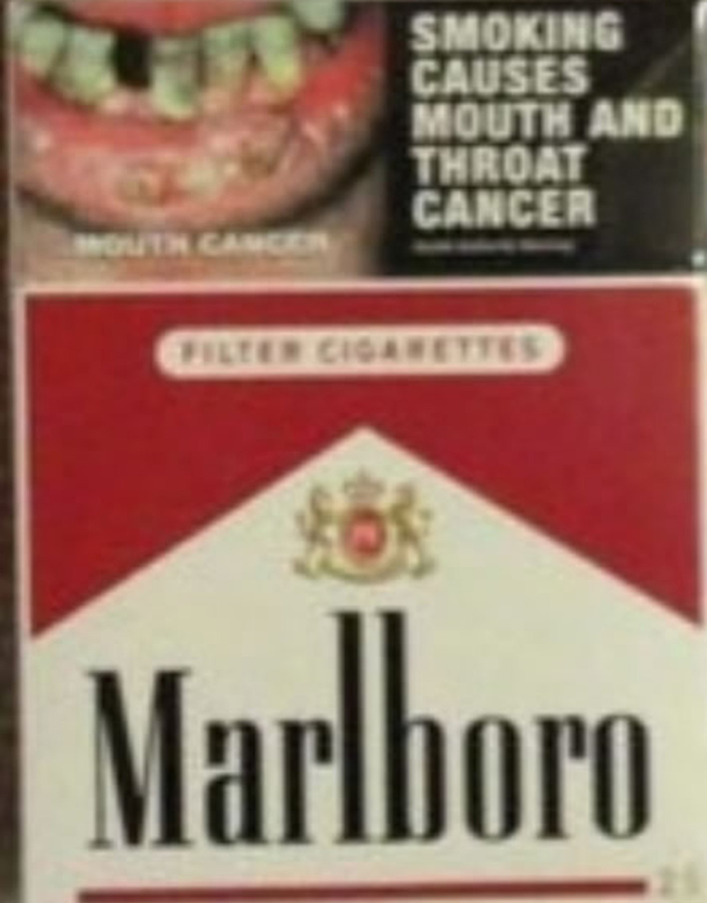 An image of a Marlboro packet with a warning picture at the top and a large brand and logo image covering most of the package.