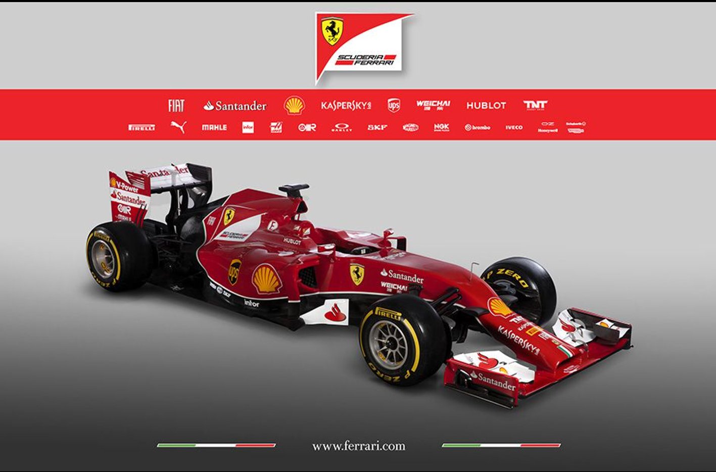 An image of a ferrari with a strip at the top with various logos.