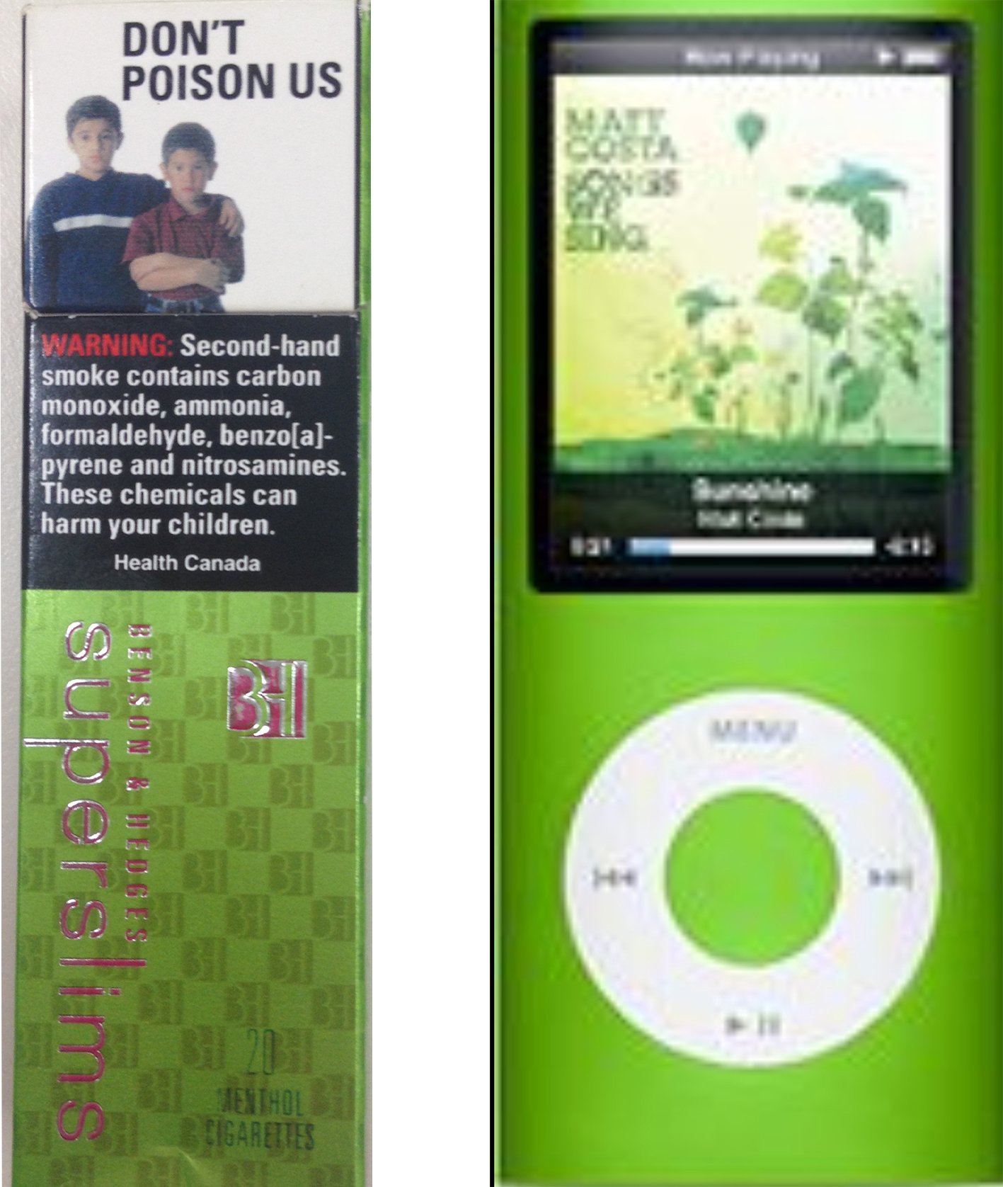 An image to the left of Benson and Hedges Superslims package. To the right is a mini ipod in comparison.