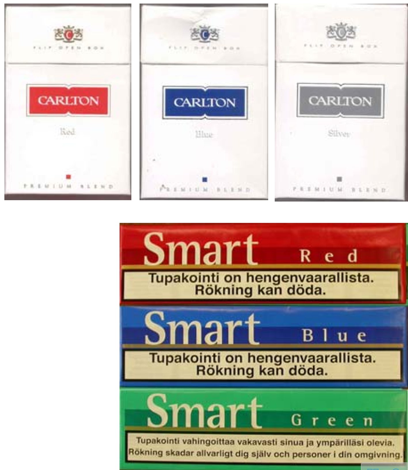 At the top of the image there are three Carlton packages. To the bottom is the top view of these three packages.