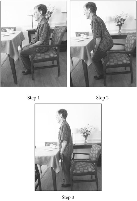 A black and white photograph compromising of three shots. An elderly woman is sitting in a chair in the first shot, the second shot has her leaning forward and rising with bent knees. In the final shot, she is standing up with her hands by her side.