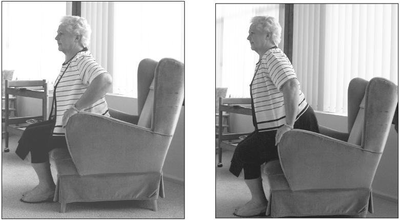 A black and white photograph of two shots showing an elderly woman sitting in an armchair. In the first shot she is sitting with her hands resting on the arms. In the second shot, she is slightly standing with bent knees and her hands still resting on the arms.
