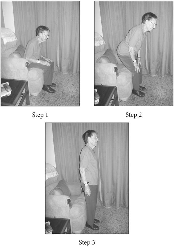 A black and white photograph compromising of three shots. In the first shot an elderly man is sitting in a chair with his hands resting in his lap. In the second shot he is rising from the chair with a straight back, slightly bent knees and his hands resting on his knees. In the final shot he is standing with his hands by his side.