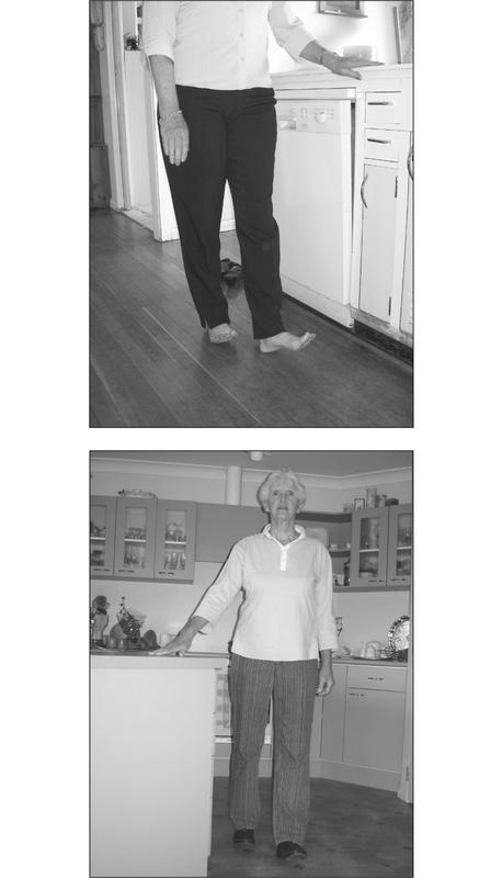 A black and white photograph of two shots. The first shows an elderly woman walking barefoot on her heels with a hand resting on the kitchen countertop. The other shot is of the woman walking on her heel with her shoes on.