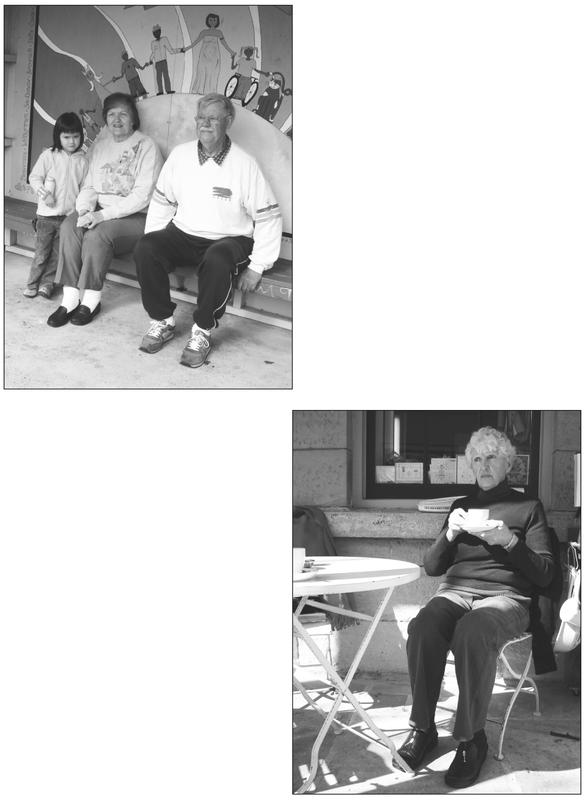 A black and white photograph of two shots. The first shows two elderly people and a young child; the elderly couple are sitting while the child is standing. The other shot shows an elderly woman sitting in a chair with a hand cradling a cup.