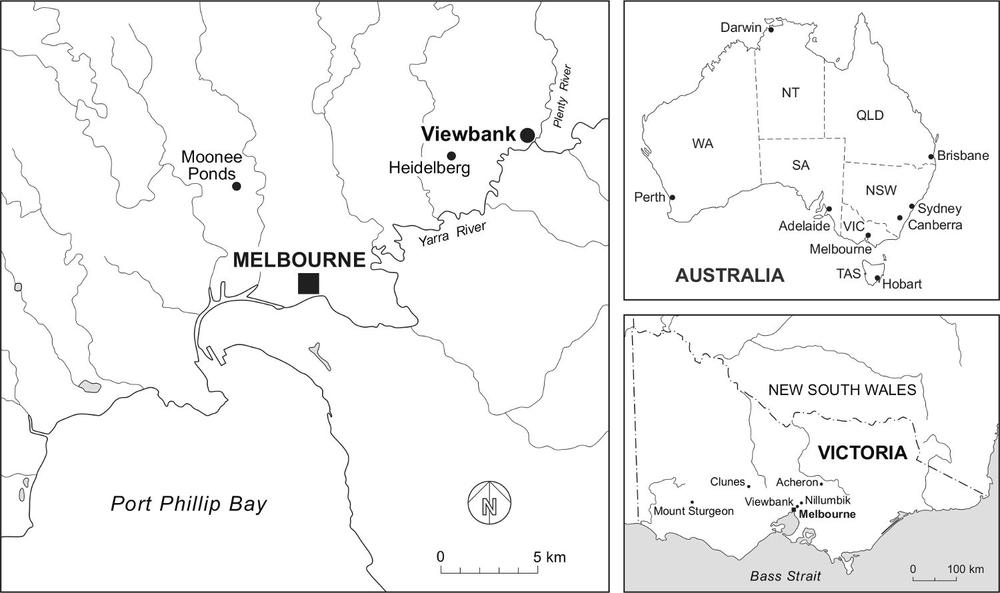 Three maps showing the location of Viewbank homestead. One map is of Australia with the main cities identified. The second map illustrates Victoria with Melbourne and a few cities are highlighted. The biggest map is a close up of Melbourne and Viewbank. Viewbank is north-east of Melbourne.