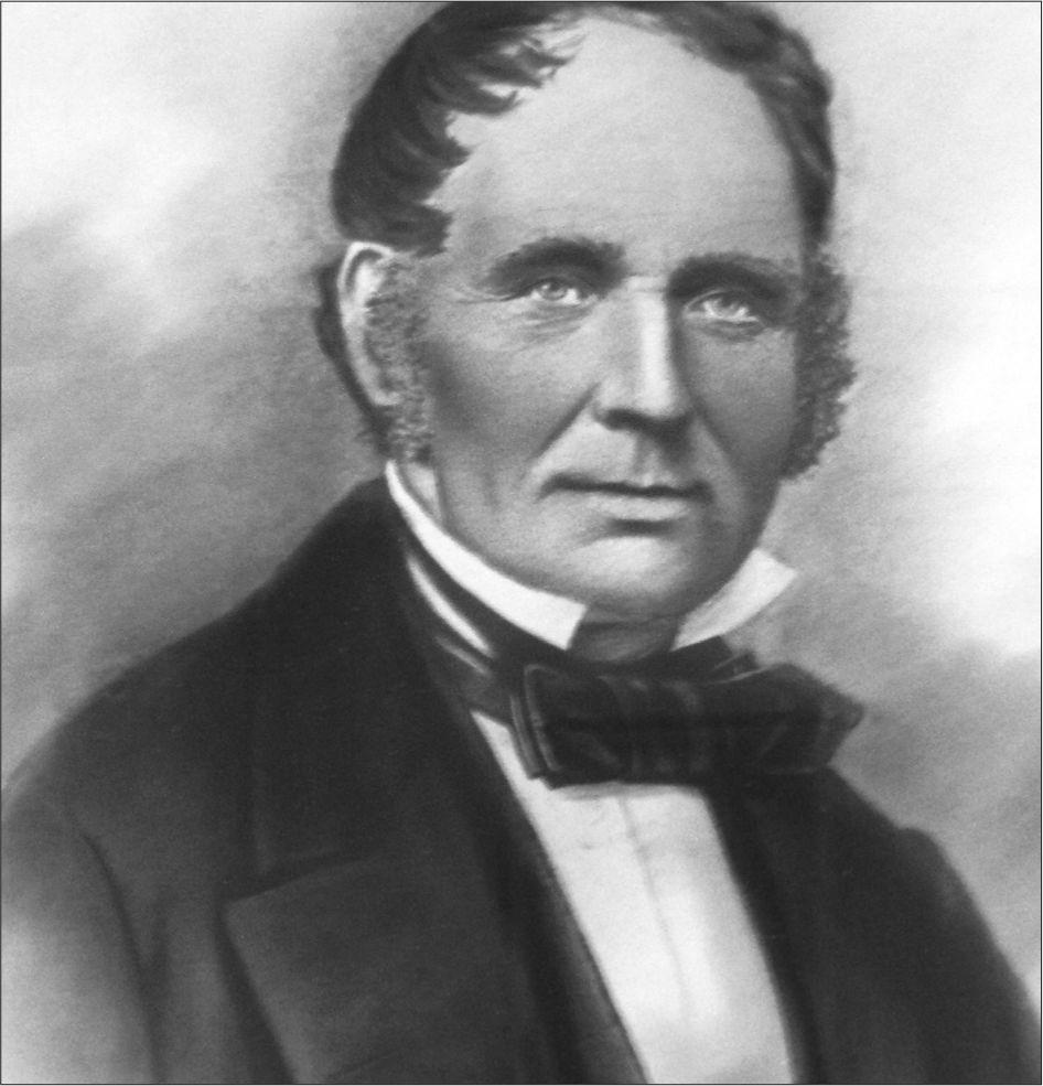 A black and white etching of Robert Martin looking directly to the centre. He has lines around his eyes and has thick sideburns with slightly balding hair. He's wearing a dark jacket and bow tie and a white shirt. 