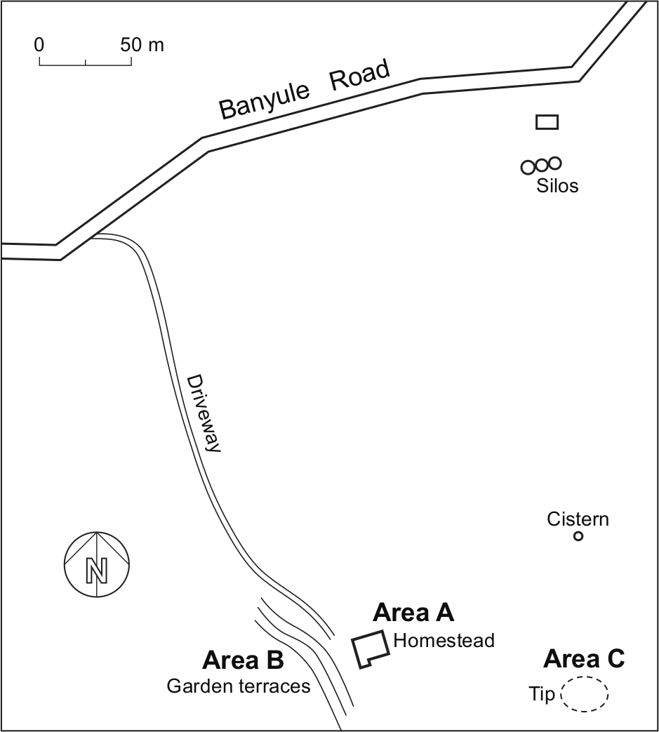 A diagram showing three highlighted areas: the garden terraces, homestead and tip. These areas are at the bottom of the diagram and are at the end of the driveway. Banyule Road cuts across the top of the diagram and breaks into the driveway.
