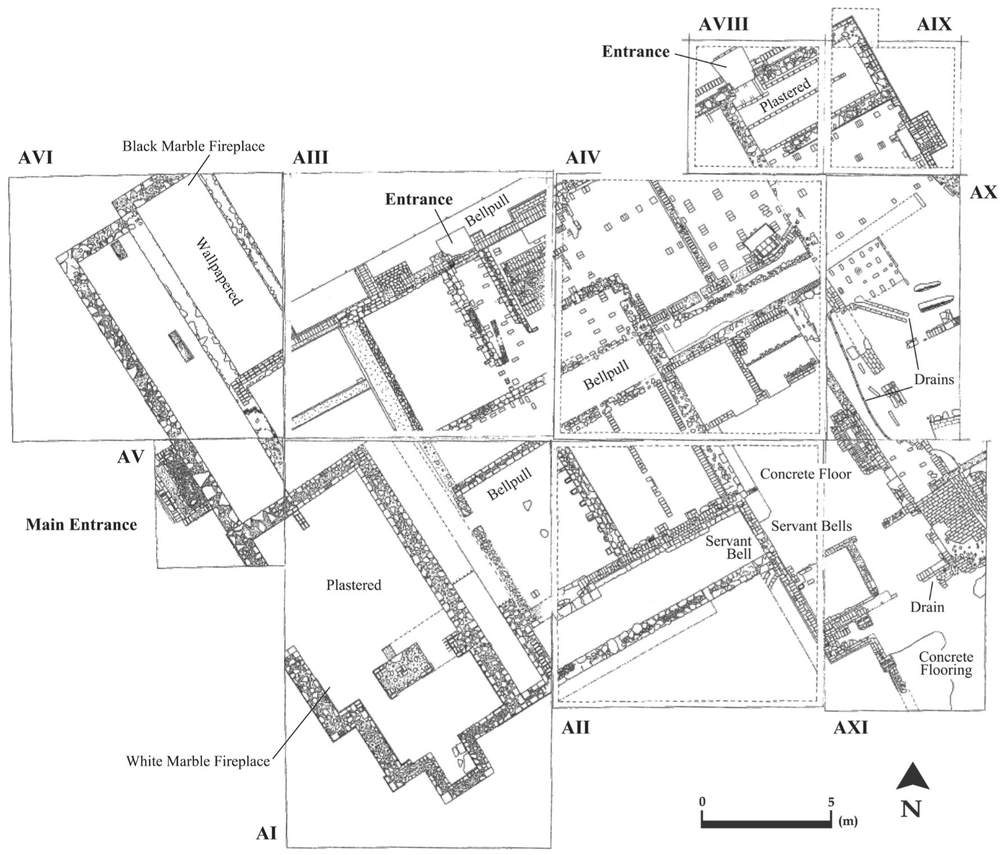 A detailed map of the excavation. The concrete floor, servant bells, bellpull and two entrances.