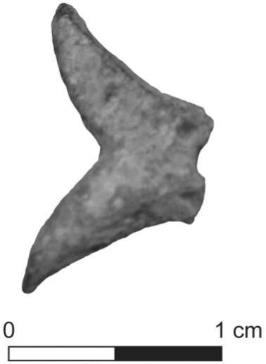 A black and white photograph of the fin of a fish figurine. 
