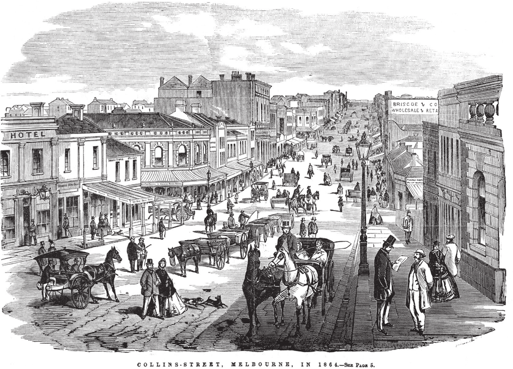 A black and white illustration of a bustling street filled with horse-drawn carriages and pedestrians. 