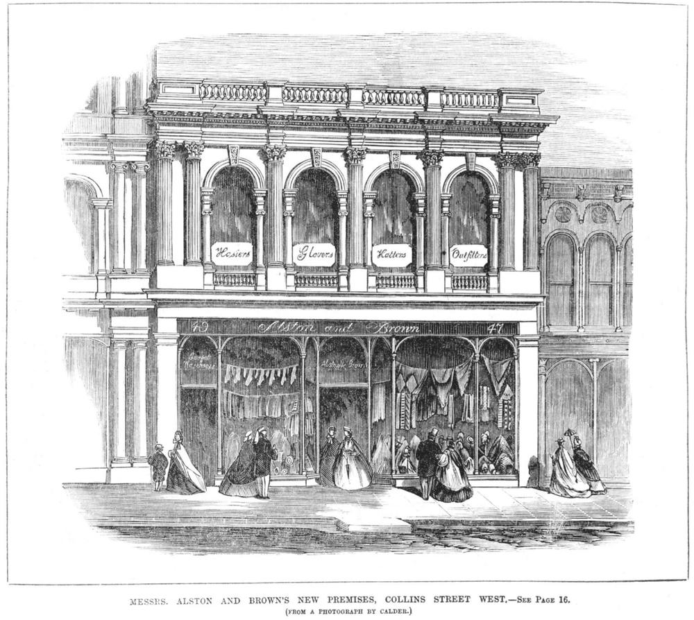 A black and white illustration of a shop with roman columns and large glass windows with drapes hanging around it. A few women in large dresses are hovering around the shop.