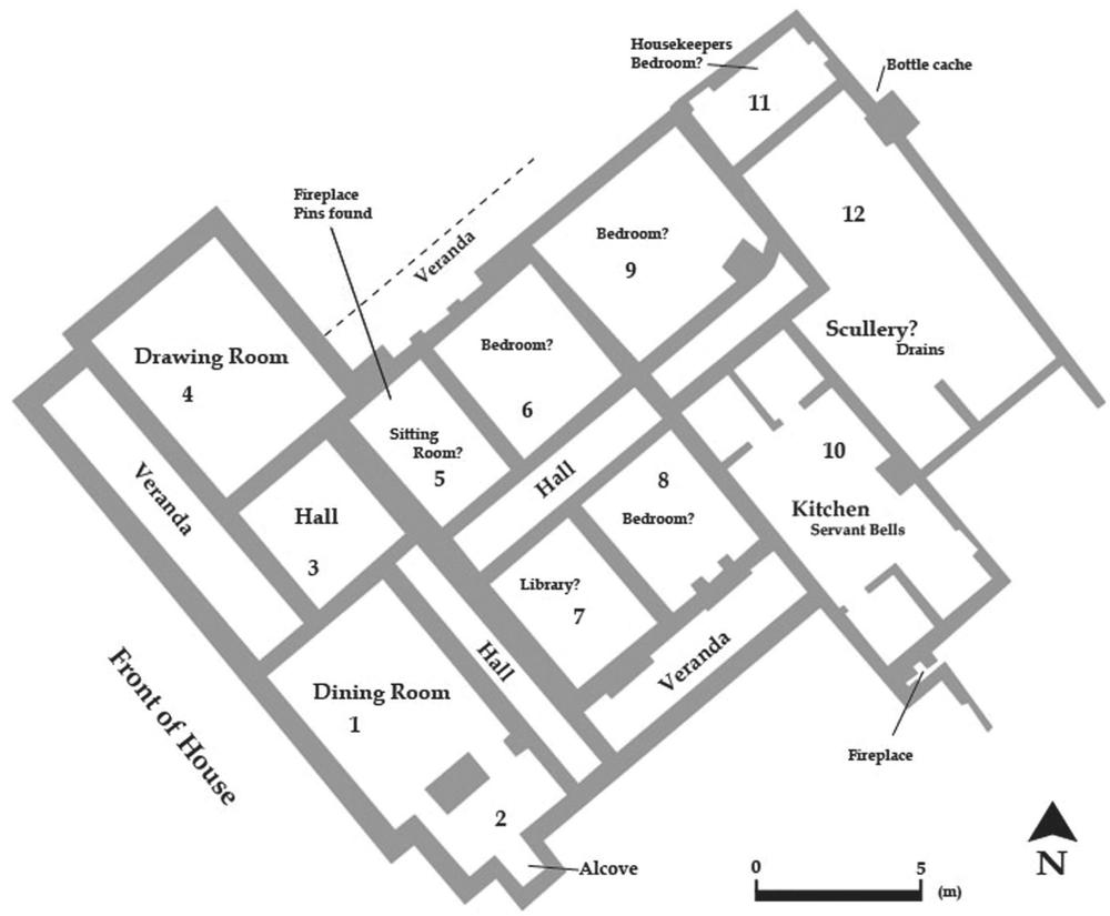 A floorplan of the homestead, detailing the rooms. There are three bedrooms, one sitting room, dining room, drawing room and library. The largest room is the kitchen.