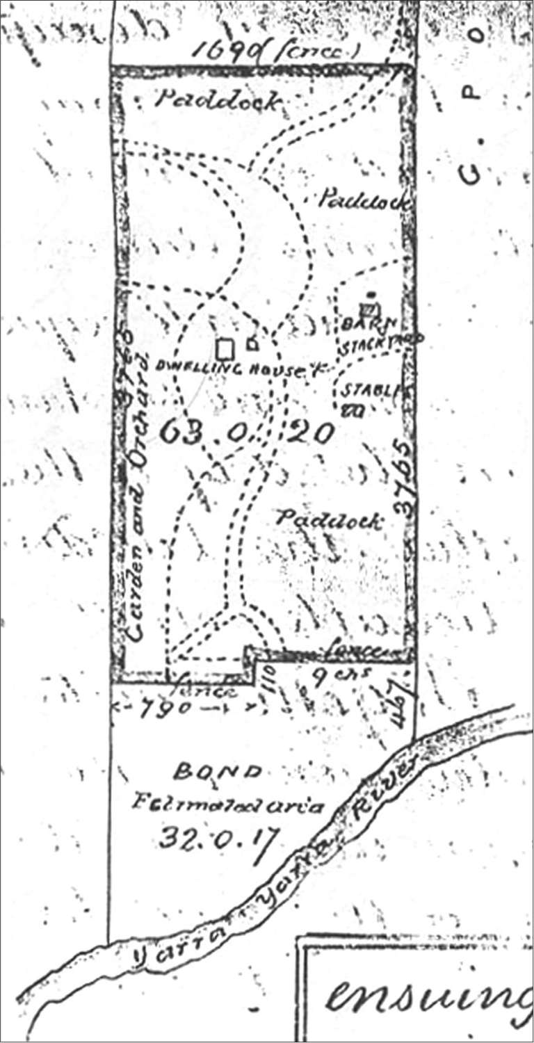 A sketch of the plan for the house, barn, stackyard and stables.