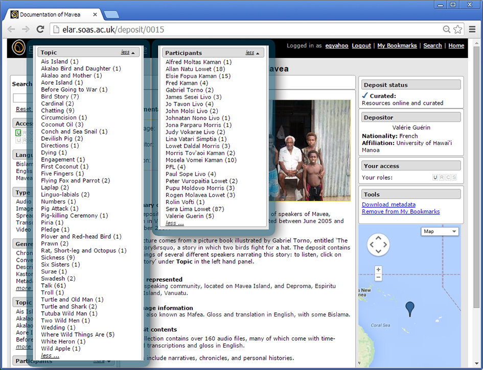 Figure 3.3 A screenshot from the ELAR archive shows the large variety of topics and participants tagged in the metadata that may be searched by a user.