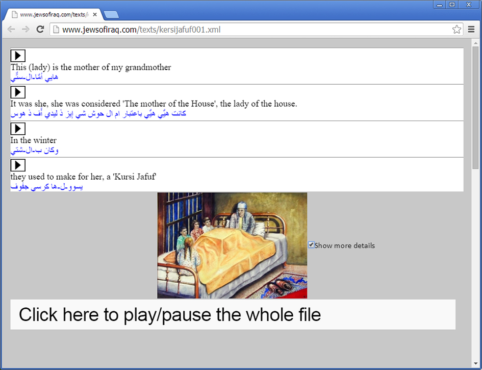 Figure 3.6 A screenshot of the Flash-based application that displays ELAN content as text alongside the English translation.