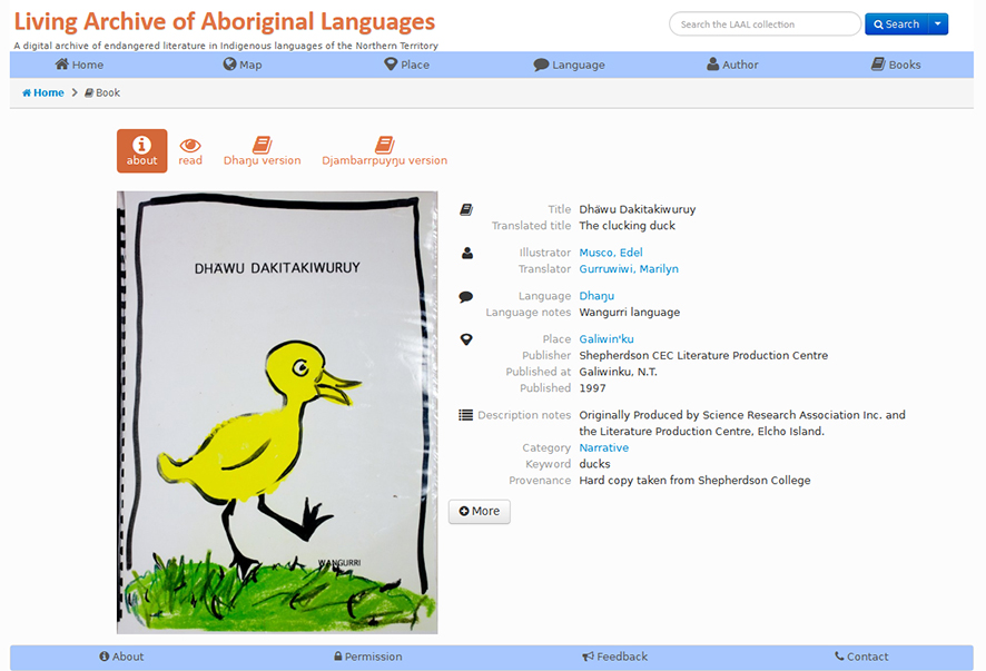 Figure 5.2. A screenshot from the Living Archive of Aboriginal Languages shows the front cover of a book name Dhawu Dakitakiwuruy. Alongside, the book's archival data is shown, including author and illustrator name, and place and language of publication.