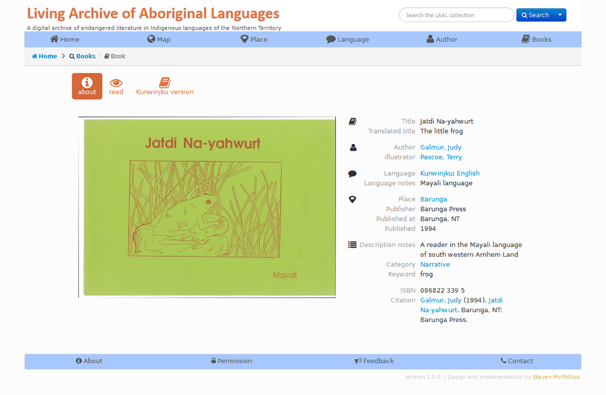 Figure 5.1. A screenshot from the Living Archive of Aboriginal Languages shows the front cover of a book named Jatdi Na-yahwurt, with the book's archival data alongside, including author name, and language and place of publication.