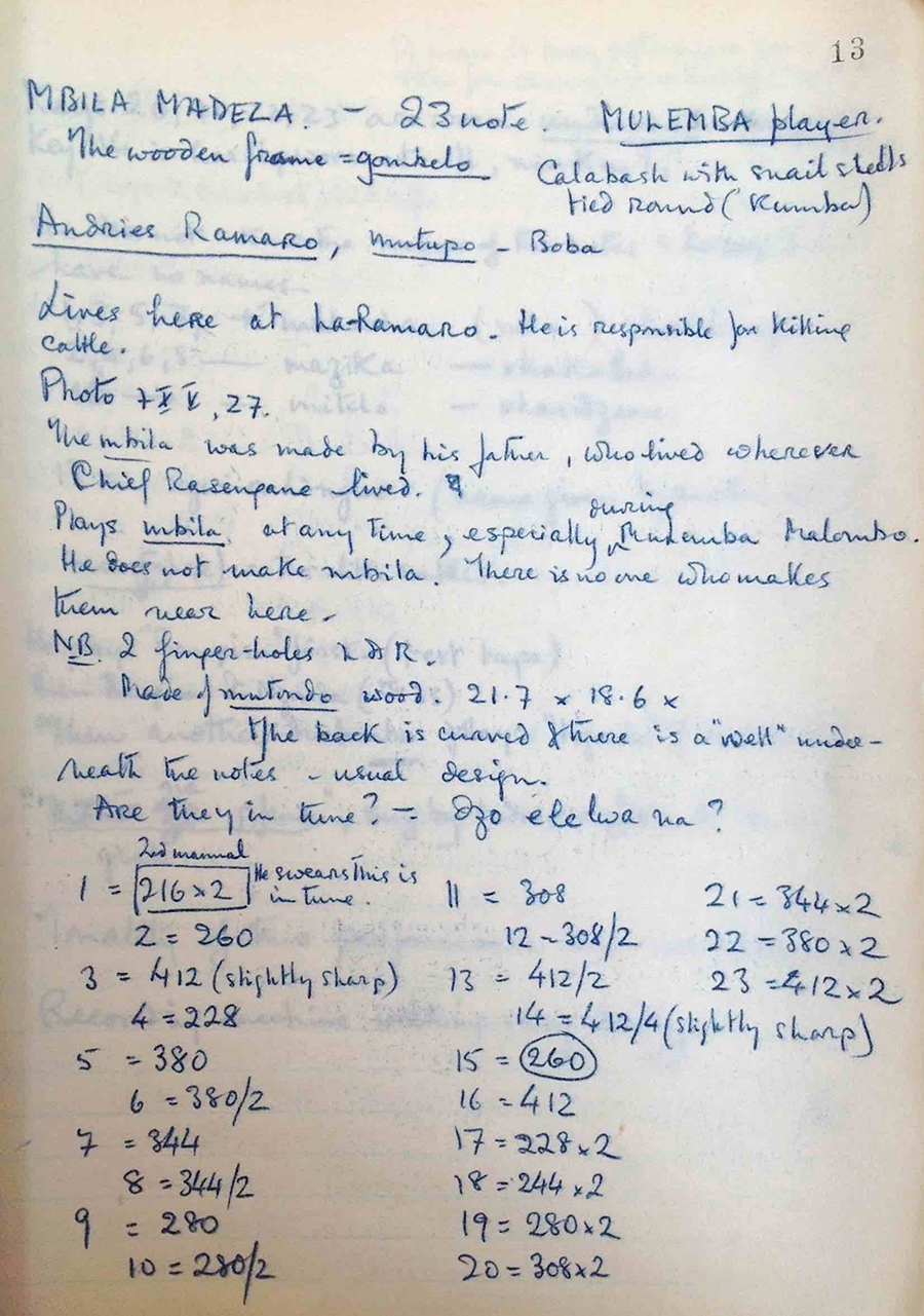 Figure 6.2. Handwritten notes in part read: Mbila madeza. 23 notes. Mulemba player. Andries Ramaro, lives here at La-Ramaro. He is responsbile for killing cattle.The mbila was made by his father. Plays mbila at any time. He does not make mbila. There is no one who makes them near here.