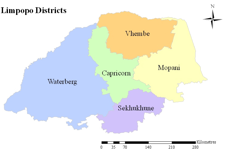 Figure 7.3. A map of Limpopo districts, showing Vhembe district to the north.
