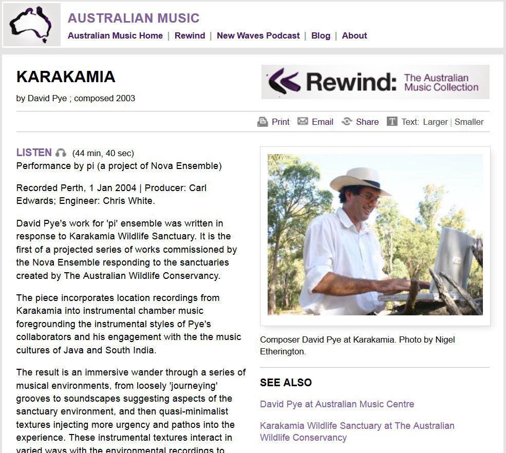 Figure 9.4. A photo of the composer David Pye is shown, as well as some descriptive text for the work. The page shows a 'Listen' button so viewers can hear the piece through the site.