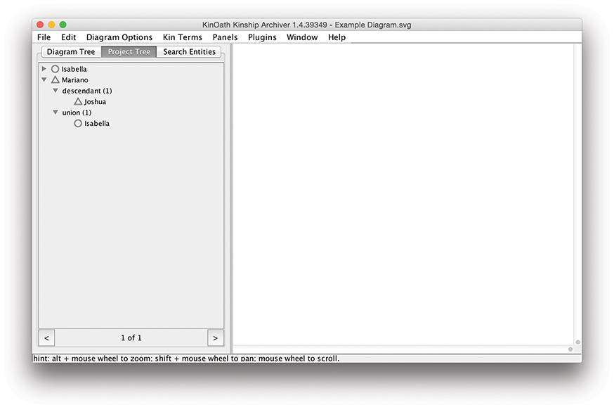 Figure 4.11. A screenshot from KinOath shows a blank screen with a menu on the left that displays the relationships for an individual named Mariano. He has a descendant relationship and a union relationship defined.
