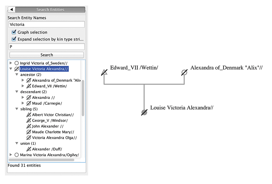 Figure 4.20. A screenshot from Kin Oath shows a search on entity name 'Victoria' finds the result of Louise Victoria Alexander. Expanded by kin type string 'P', the result also shows the individual's parents.