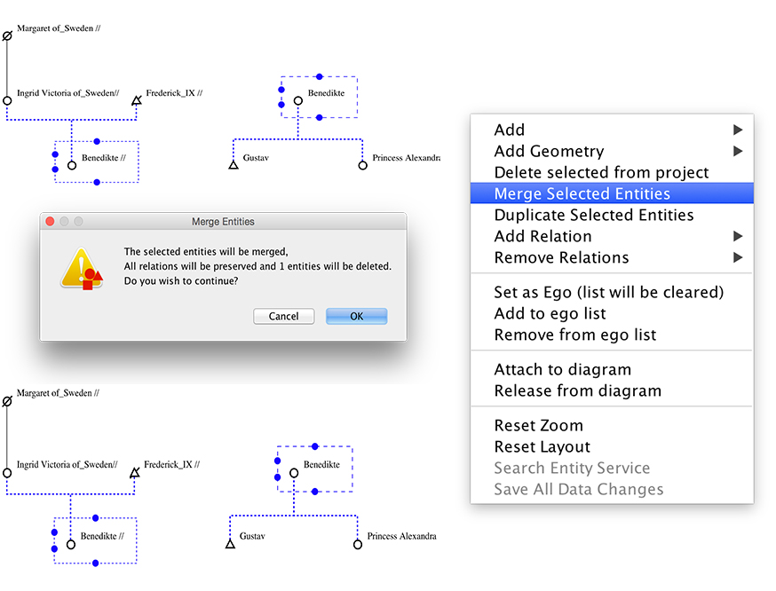 Figure 4.5. A screenshot from KinOath shows how selecting and merging individuals with the same name on two separate diagrams merges the two into one larger diagram.