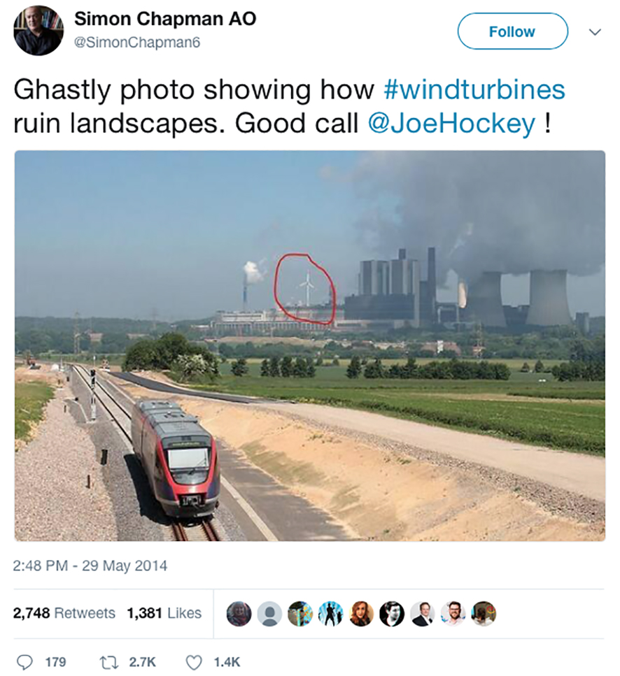 Tweet from Simon Chapman's personal Twitter. The tweet includes a photo of a wind turbine lost a landscape. The wind turbine in the image has been circled by Simon to bring attention to it. The tweet states: "Ghastly photo showing how #windturbines ruin landscapes. Good call @JoeHockey!"