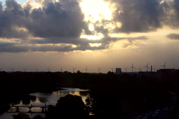 Wind turbines along the skyline of Copenhagen in Denmark.