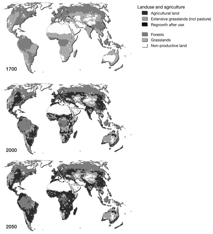 Three maps of the world; the first from 1700, the second from 2000, and the third is labelled as the year 2050.  The first map shows how the world would have looked in terms of land use and agriculture in the year 1700. It shows more extensive grasslands, forests, non-productive land and minimal spots of agricultural land. The second map shows roughly the current state of land use and agriculture with a lot of agricultural land growth compared to the first map, and spread all around the world. It shows a lot less grasslands and pastures around the world and minimal non-productive land with a path of non-productive land in northern Africa. The last map shows a prediction of how the world will look in terms of landuse and agriculture in the year 2050 with agricultural land dominating the majority of the landscape.