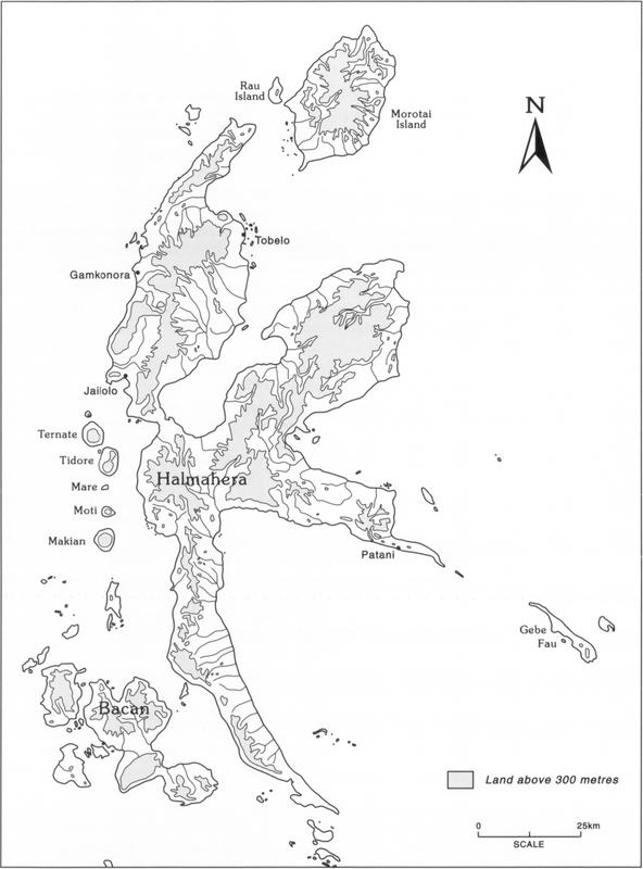 Map of the five small volcanic islands known as the Moluccas. On the centre far left side of the figure box lie Ternate, Tidore, Mare, Moti and Makian in ascending order. They are located west of Halmahera which consists of many islands sprawled out in a deformed and angled K-shape. Southwards of the volcanic islands is Bacan, which is comparatively larger than the Moluccas. Most of the surface area of the depicted islands is shaded grey to indicate land above 300 metres.