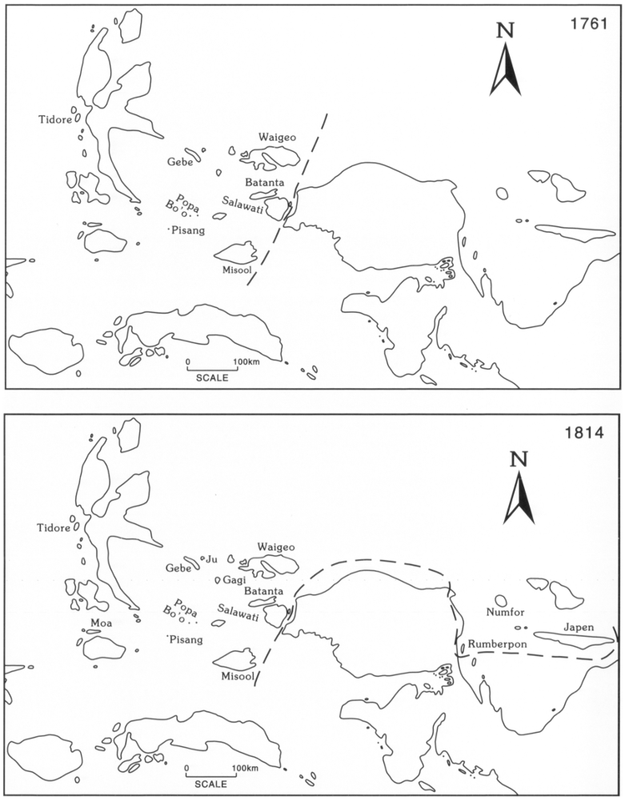 There are two maps at a scale of 1 to 100km shown. The first map, dated at 1761 under Dutch rule, shows a dotted line separating the designated areas of Tidore, Gebe, Popa Bo’o, Pisang, Waigeo, Batanta, Salawati and Misool on the left side of the dotted line from Sorong. The second map, dated at 1814 under the English administration, shows a separation by dotted lines with Misool and the other aforementioned areas, as well as Numfor, Rumberpon and Japen on the northside of the dotted line separation.