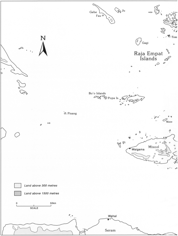 A map spreading two pages at a scale of 1.5 inches to 50km. The areas shaded in light grey represent land above 300 metres, and those shaded in dark grey represent land above 1500 metres. The Raja Empat Islands is labelled slightly off-centre to the left towards the top of the map. Within the first page, Gebe, Fau and Ju are small islands at the top of the first page. Pisang is dotted slightly off-centre to the left, with the Bo’o Islands and Popa Islands westward. Southeast from the two aforementioned islands is Misool, with Waigama labelled on the west side of the island. At the bottom of the first page is Seram, with Wahal on the north coast. On the second page of the map is Waigeo on the top left, with significant portions of dark grey shading, with Muka and Besir labelled on the south. Batana is slightly south of Waigo, also with relatively large light-grey space. Right below off the southeastern coast of Batana is Salawati, with Semeter labelled on its northeast coast. To its east, Bird’s Head (Vogelkop) constitutes the largest area of the page, with a very large area of land above 300 metres to the left side, with several areas shaded in dark grey to indicate land above 1500 metres within that. Separated by Berau Bay (MacCluer Gulf) is Onin on the bottom right of the page.